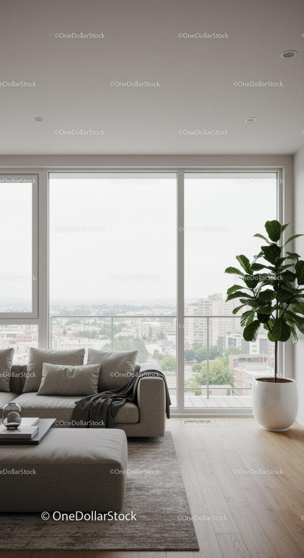 Nowoczesny salon z dużymi oknami i widokiem na panoramę miasta