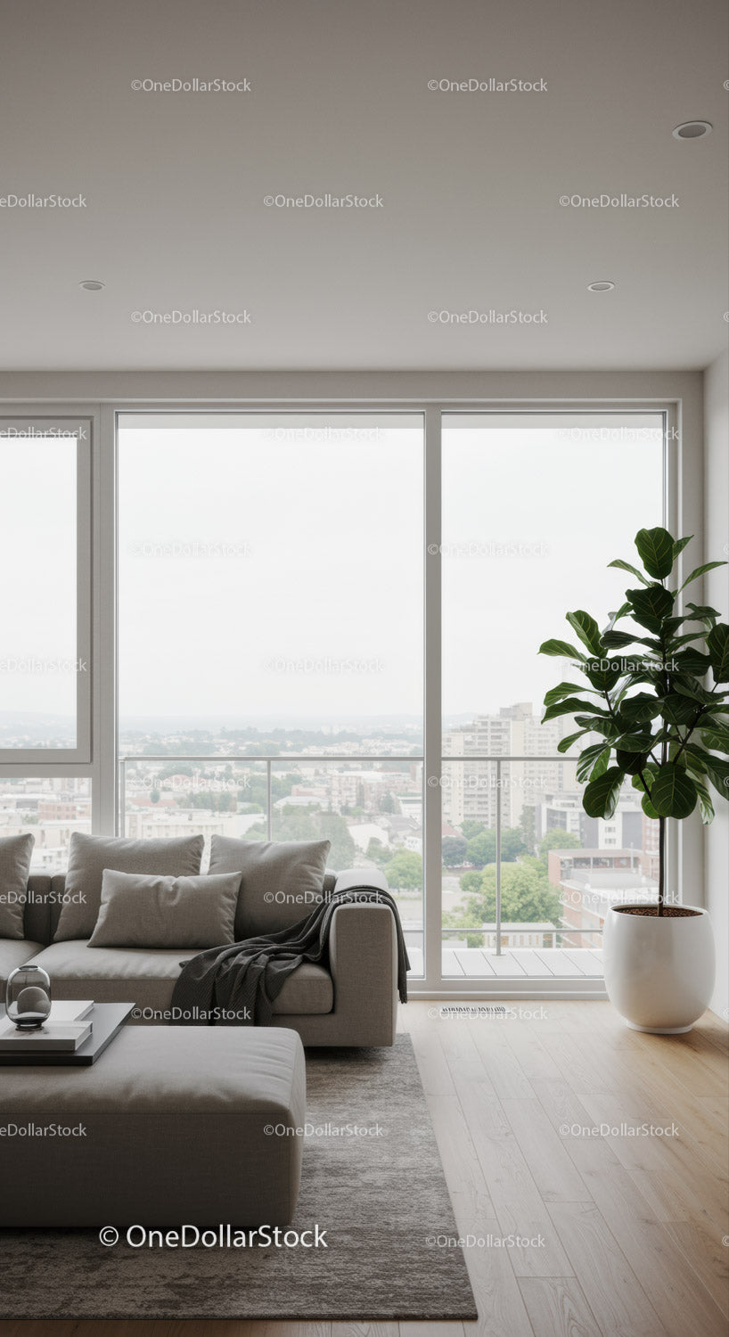 Contemporary Living Room with Large Windows and Cityscape View