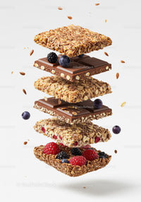 Layered granola bars with chocolate and fresh berries