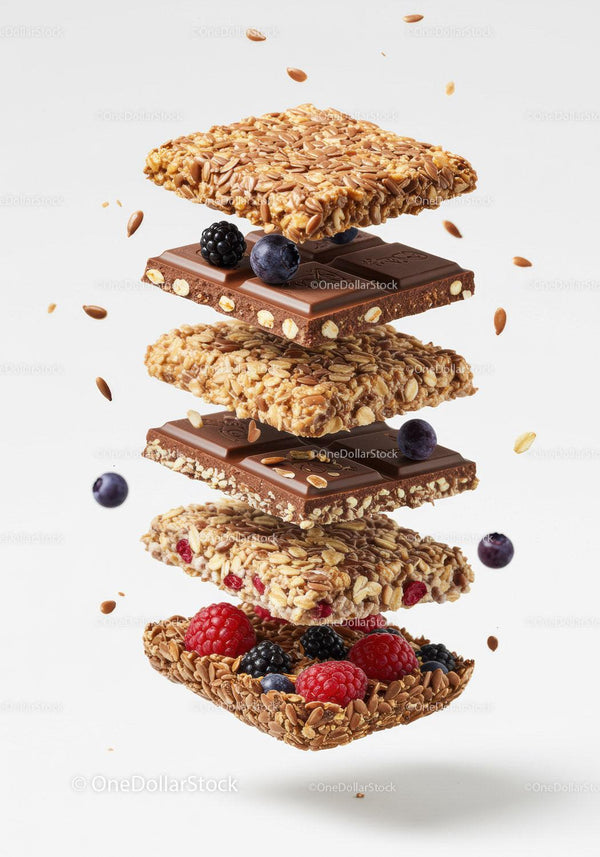 Layered granola bars with chocolate and fresh berries