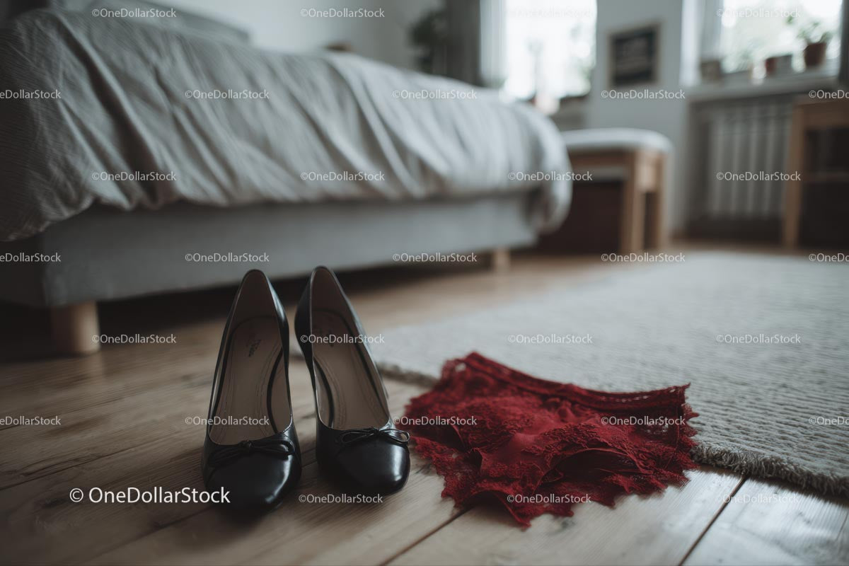Chic Black Heels and a Red Lace Dress in a Cozy Bedroom Setting