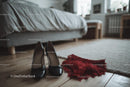 Chic Black Heels and a Red Lace Dress in a Cozy Bedroom Setting
