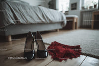 Chic Black Heels and a Red Lace Dress in a Cozy Bedroom Setting