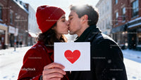 Couple Sharing a Kiss Holding Heart Card Outdoors