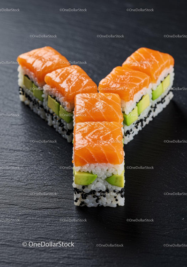 Fresh salmon and avocado sushi rolls on dark plate