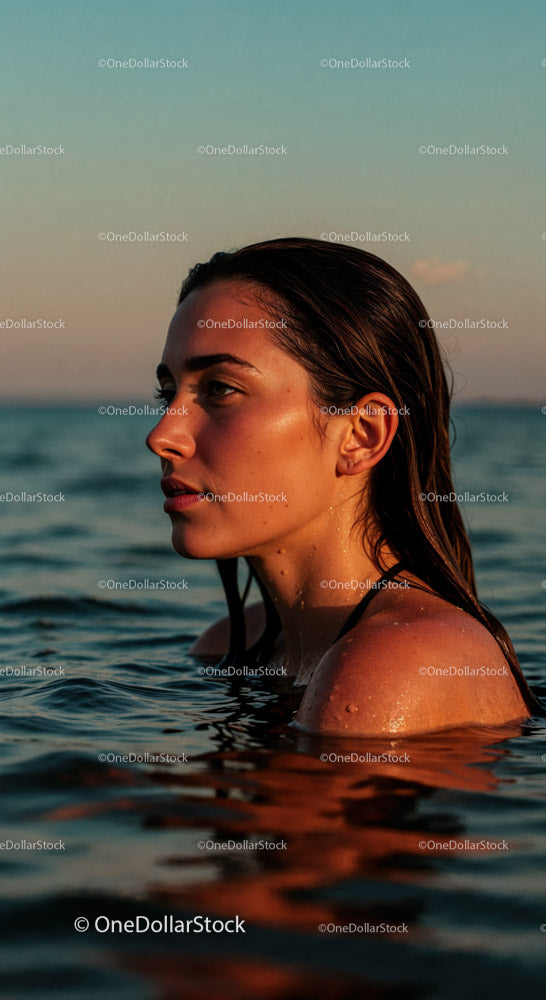 Serene Woman in Ocean at Sunset with Warm Lighting and Reflection