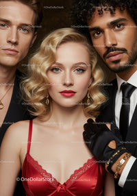Elegant Woman in Red Satin Dress with Blonde Curls and Jewelry