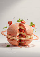 Close up of strawberry-filled macaron with mint decoration