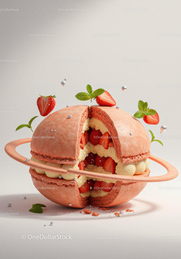 Close up of strawberry-filled macaron with mint decoration