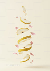 Floating slices of pear with delicate pink petals