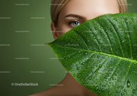 Close-up of Woman with Blue Eye Behind Green Tropical Leaf with Water Droplets