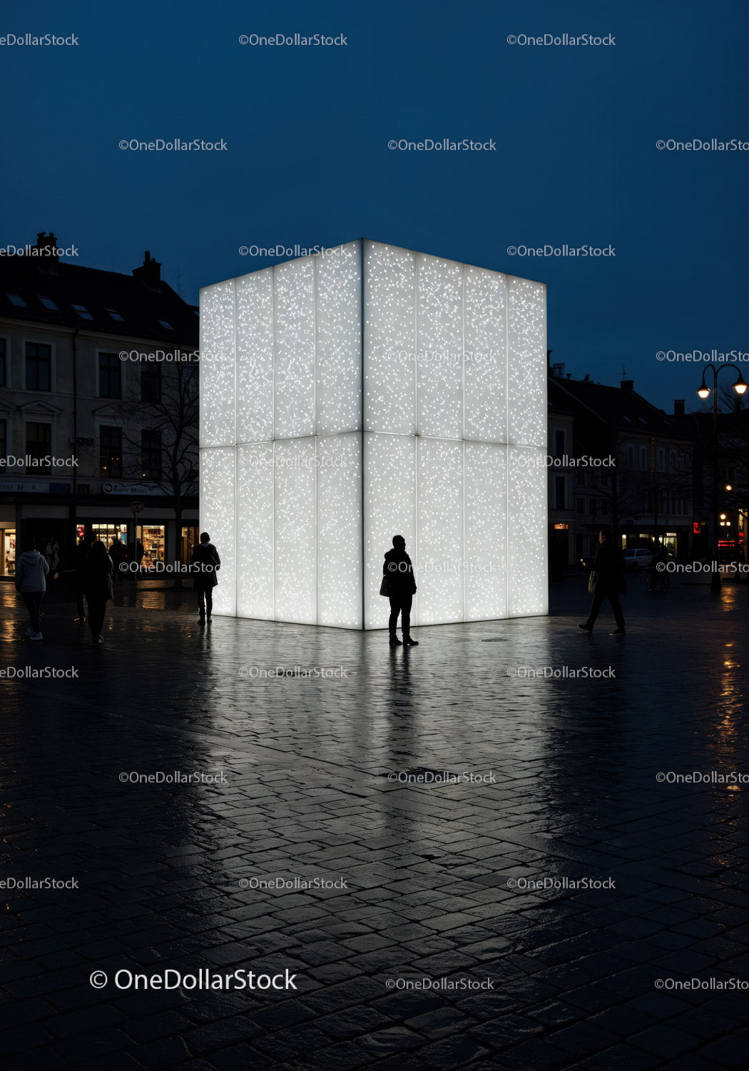 Illuminated Large Cube Art Installation in Urban Night Scene