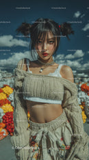 Young Woman in Casual Crop Top and Cardigan Outdoors under Sun
