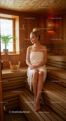 Women Relaxing in Wooden Sauna with Warm Lighting and Natural Light