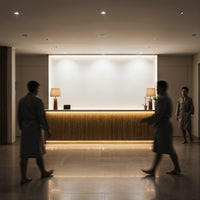 Minimalist spa reception with calming ambient lighting