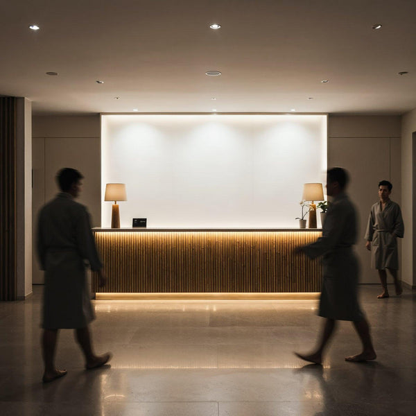 Minimalist spa reception with calming ambient lighting JPG Mockup Image