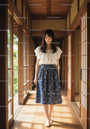 Young Woman Walking in a Traditional Japanese House with Floral Skirt