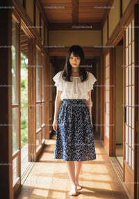 Young Woman Walking in a Traditional Japanese House with Floral Skirt
