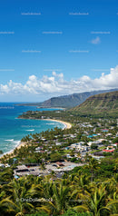 Tropical Coastal Landscape with Palm Trees and Blue Ocean Under Sunny Sky