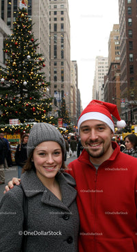 Smiling Couple Enjoying Christmas Spirit in City Street