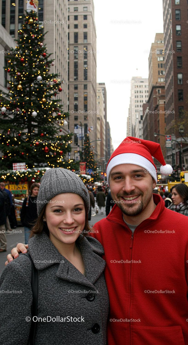 Smiling Couple Enjoying Christmas Spirit in City Street