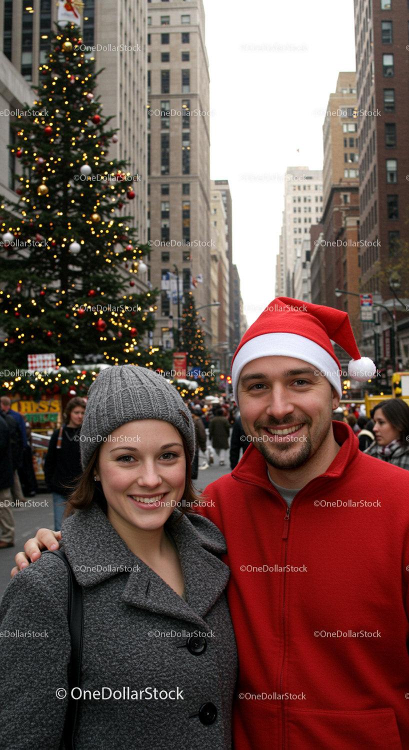 Smiling Couple Enjoying Christmas Spirit in City Street