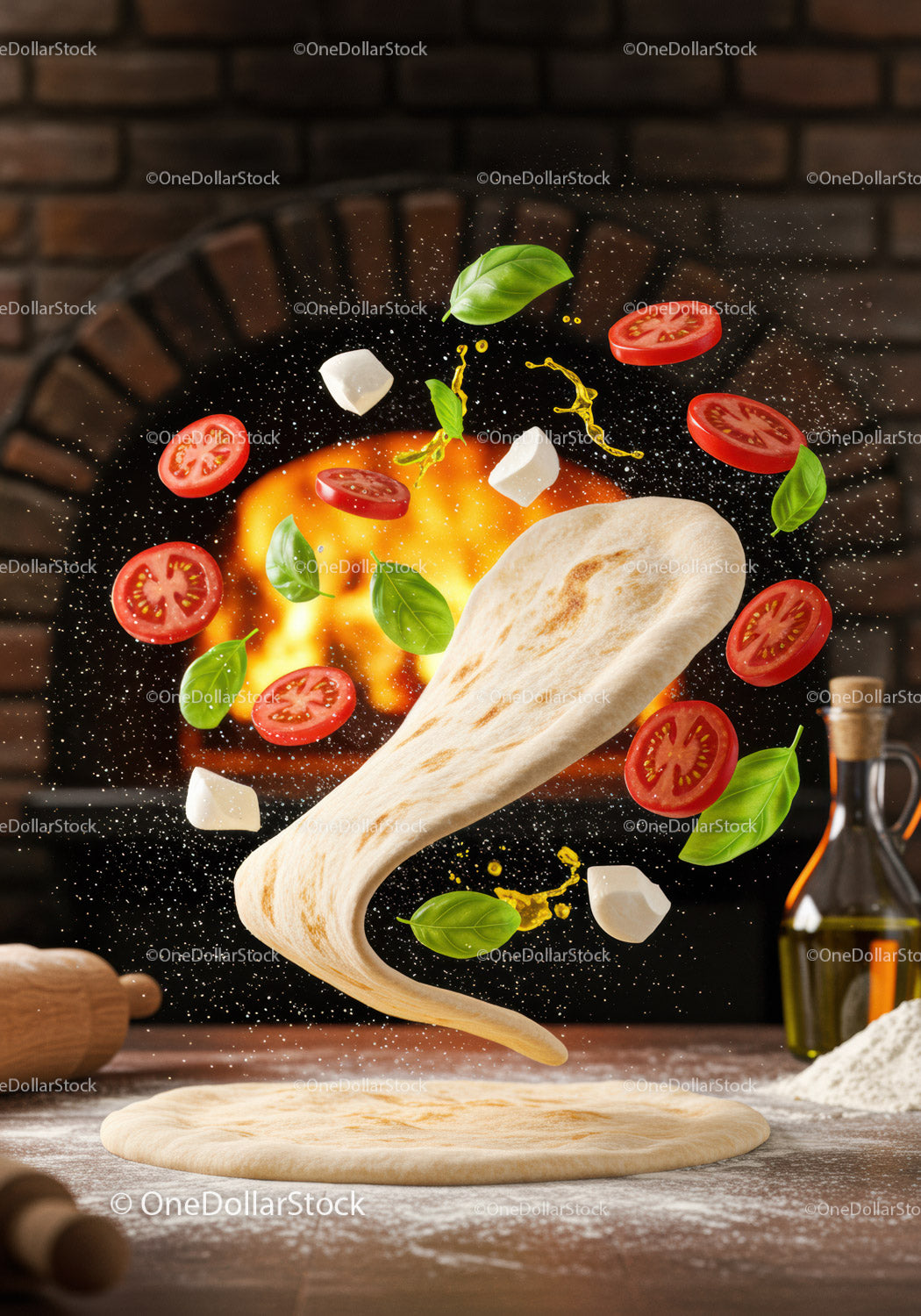 Fresh ingredients flying over pizza dough in rustic kitchen