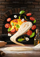 Fresh ingredients flying over pizza dough in rustic kitchen
