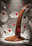 Flowing chocolate surrounded by floating raspberries and broken plates