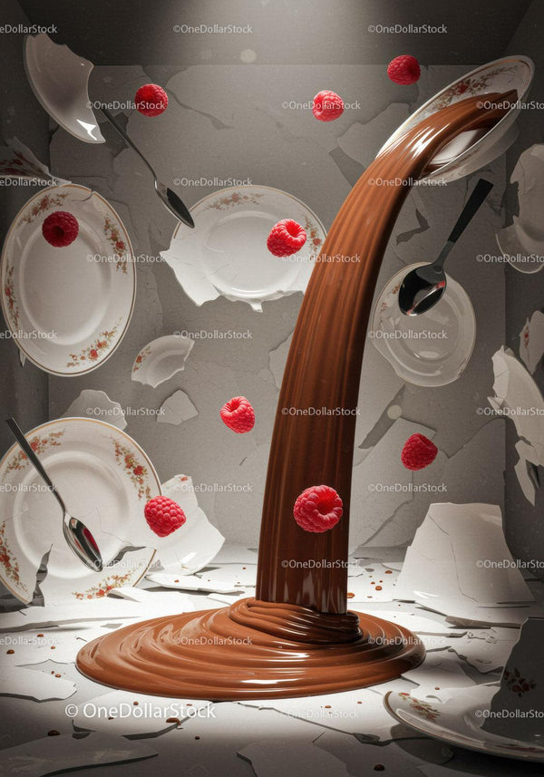 Flowing chocolate surrounded by floating raspberries and broken plates