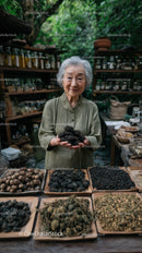 Elderly Woman With Black Truffles At Market In Green Backyard