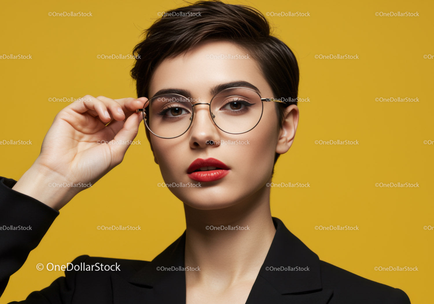Woman with Short Hair and Round Glasses in Fashionable Portrait