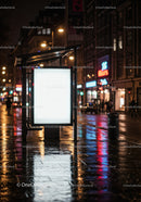 Night City Street with Illuminated Bus Stop and Neon Signs