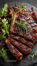 Grilled Beef Ribs with Fresh Green Herbs on Plate