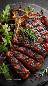 Grilled Beef Ribs with Fresh Green Herbs on Plate