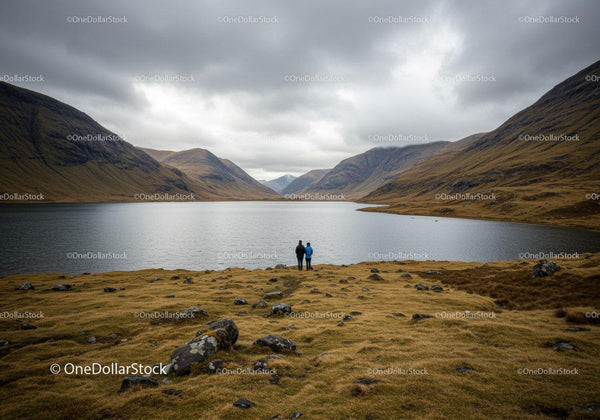 Majestic Mountain Lake Scene with Overcast Skies and Two Hikers