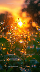 Glistening Rain on Green Leaves with Sparkling Water Droplets