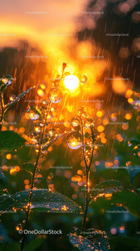 Glistening Rain on Green Leaves with Sparkling Water Droplets