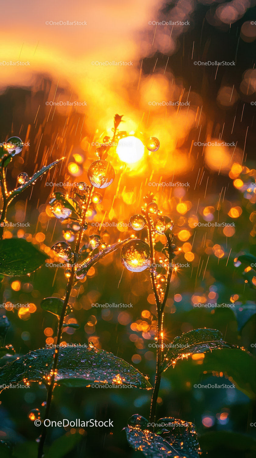 Glistening Rain on Green Leaves with Sparkling Water Droplets