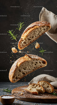 Rustic sourdough bread slices with fresh rosemary herbs