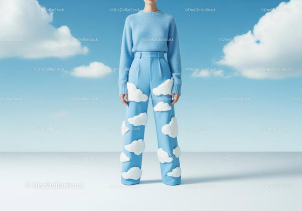 Surreal Fashion Outfit with Cloud Design Blue Pants and Sweater