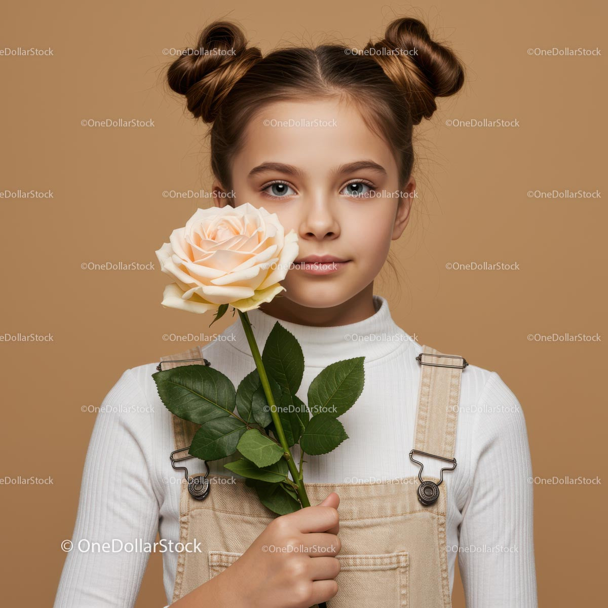 Young Girl with Pale Peach Rose Portrait on Soft Beige Background