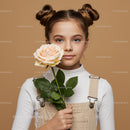 Young Girl with Pale Peach Rose Portrait on Soft Beige Background