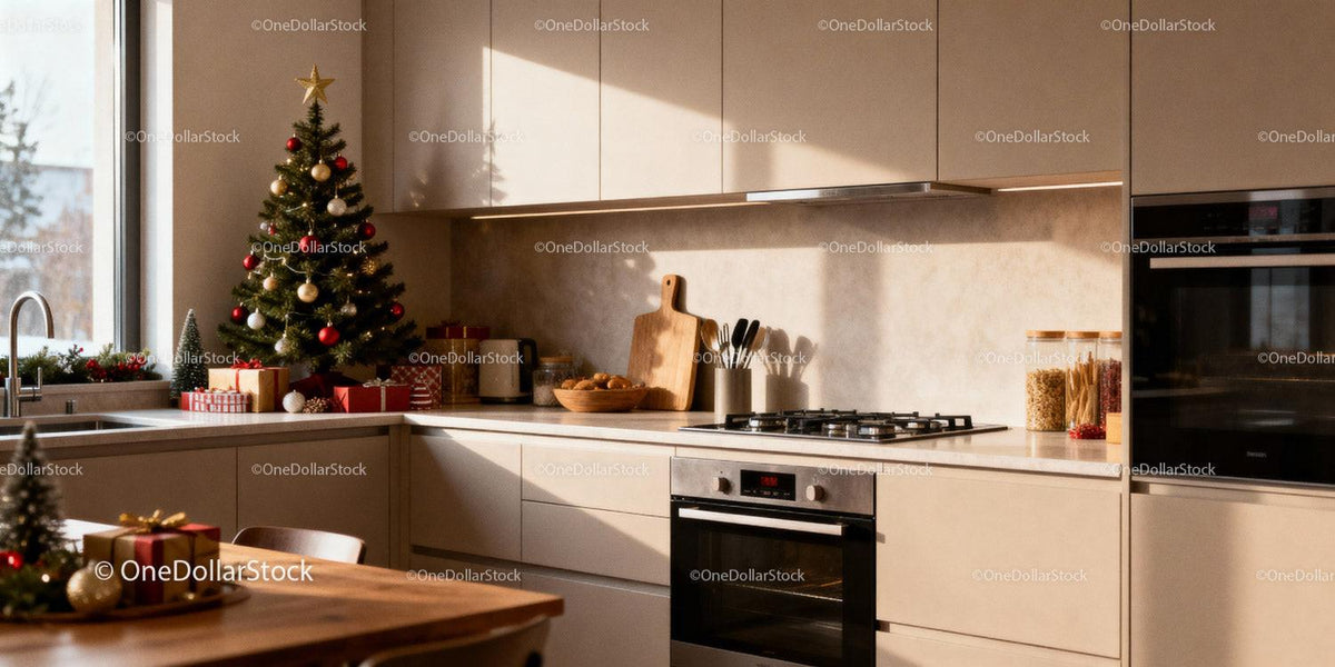 Cozy modern kitchen with Christmas tree and festive decor