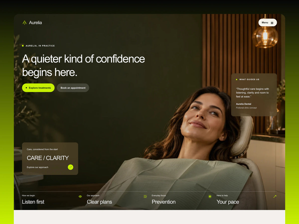 Aurelia Atelier dental website hero with a patient portrait, olive clinic interior, editorial care card, and chartreuse accents
