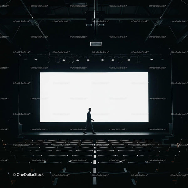 Silhouette of man walking across empty theater stage JPG Mockup Image