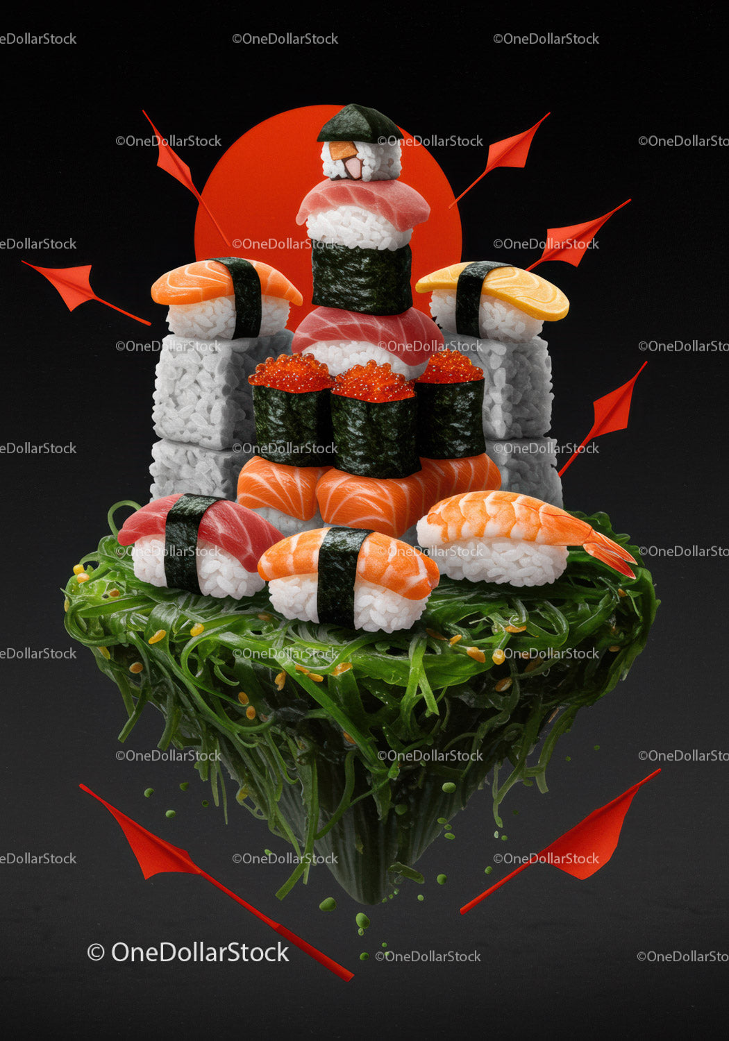 Wieża sushi na pływającej wyspie z wodorostów z czerwonymi flagami