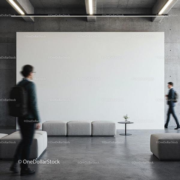 Modern Minimalist Lobby with Moving Professionals JPG Mockup Image