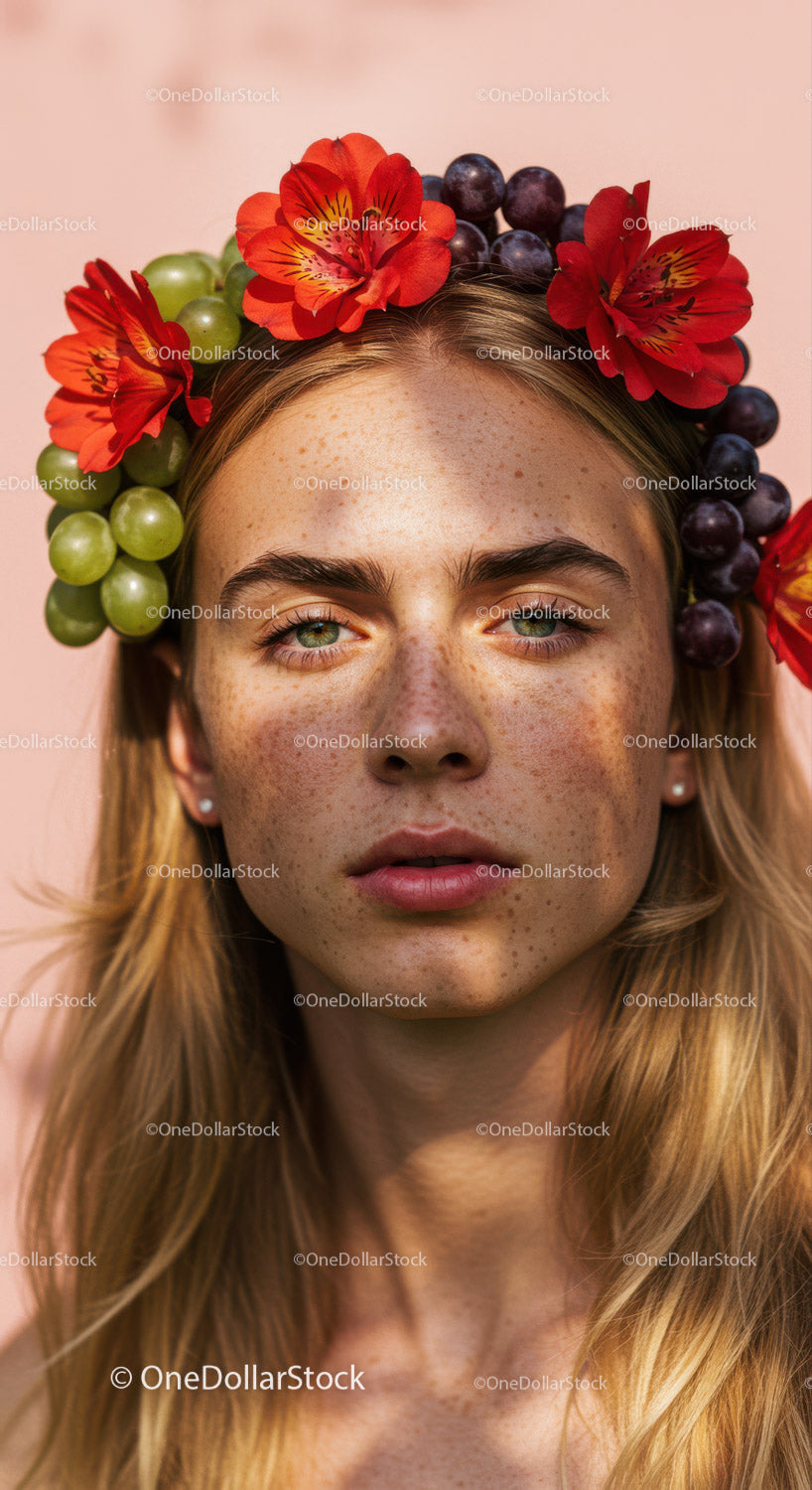 Beautiful Woman Wearing Floral Crown with Red Alstroemeria and Grape Flowers