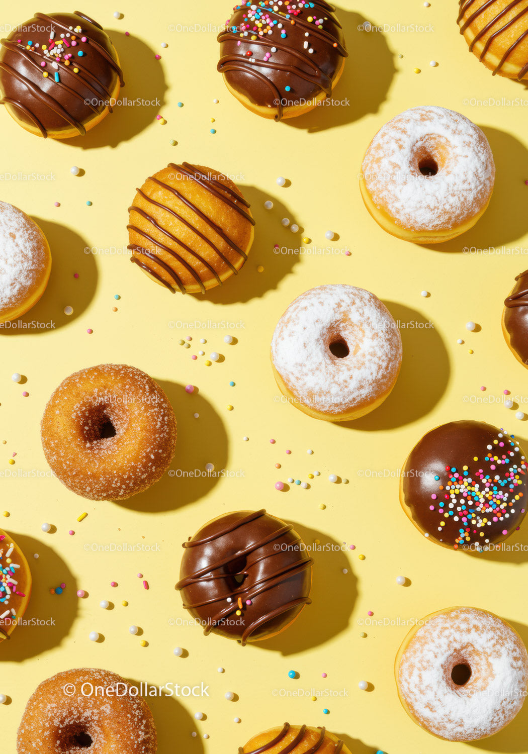 Różnorodne kolorowe pączki z posypką na żółtym tle